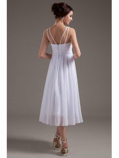 Chiffon V-Neckline Tea-Length Column Wedding Dress with Ruffle