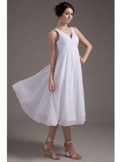 Chiffon V-Neckline Tea-Length Column Wedding Dress with Ruffle