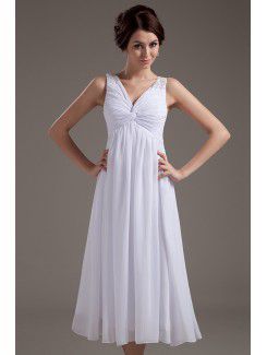 Chiffon V-Neckline Tea-Length Column Wedding Dress with Ruffle