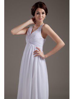 Chiffon V-Neckline Tea-Length Column Wedding Dress with Ruffle