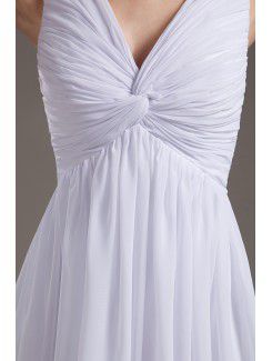 Chiffon V-Neckline Tea-Length Column Wedding Dress with Ruffle