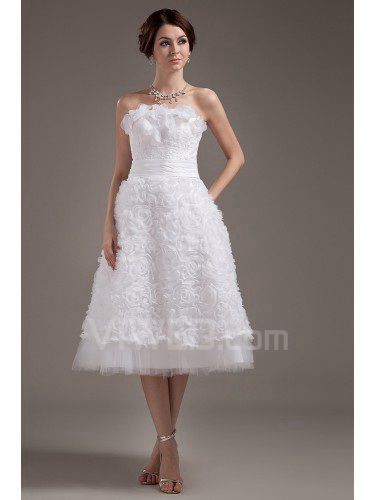 Satin Strapless Tea-Length A-line Wedding Dress with Embroidered and Flowers