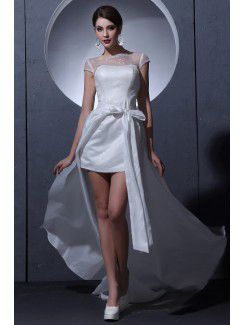 Satin and Lace Bateau Short Sheath Wedding Dress with Cap-Sleeves