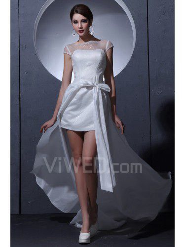 Satin and Lace Bateau Short Sheath Wedding Dress with Cap-Sleeves