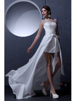 Satin and Lace Bateau Short Sheath Wedding Dress with Cap-Sleeves