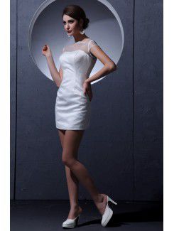 Satin and Lace Bateau Short Sheath Wedding Dress with Cap-Sleeves