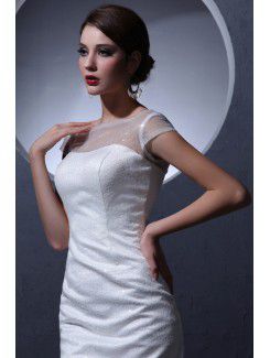 Satin and Lace Bateau Short Sheath Wedding Dress with Cap-Sleeves