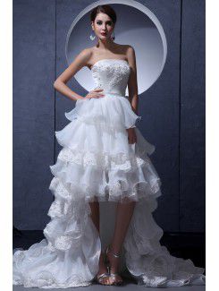 Tulle Strapless Asymmetrical A-line Wedding Dress with Ruffle and Embroidered