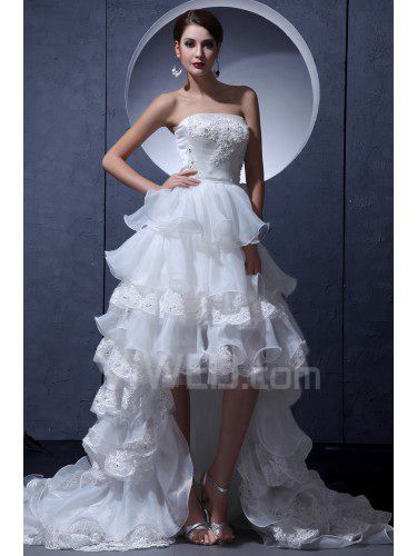 Tule strapless assimétrica vestido de noiva uma linha com babados e bordados
