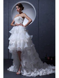 Tulle Strapless Asymmetrical A-line Wedding Dress with Ruffle and Embroidered