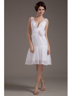 Lace V-Neckline Knee-Length A-line Wedding Dress with Flower