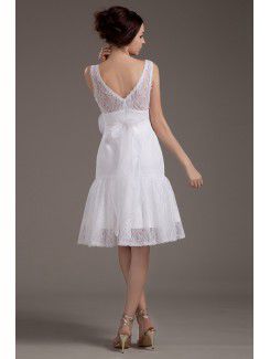 Lace V-Neckline Knee-Length A-line Wedding Dress with Flower