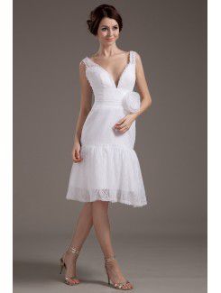 Lace V-Neckline Knee-Length A-line Wedding Dress with Flower