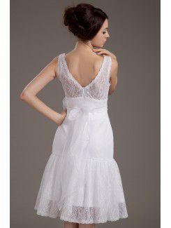 Lace V-Neckline Knee-Length A-line Wedding Dress with Flower