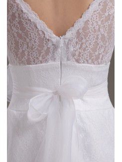 Lace V-Neckline Knee-Length A-line Wedding Dress with Flower