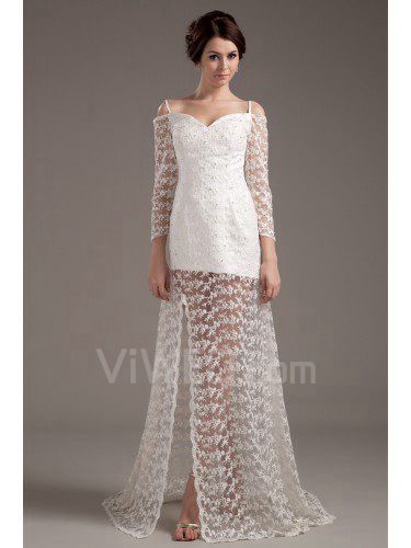 Satin and Lace Sweetheart Sweep Train Sheath Wedding Dress with Long Sleeves