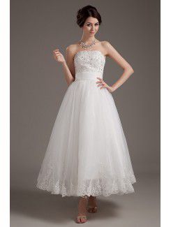 Satin and Tulle Strapless Tea-Length A-line Wedding Dress with Embroidered