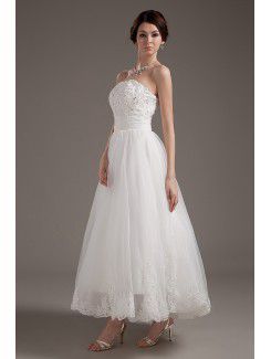 Satin and Tulle Strapless Tea-Length A-line Wedding Dress with Embroidered