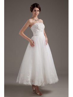 Satin and Tulle Strapless Tea-Length A-line Wedding Dress with Embroidered