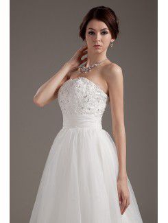 Satin and Tulle Strapless Tea-Length A-line Wedding Dress with Embroidered