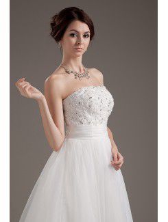 Satin and Tulle Strapless Tea-Length A-line Wedding Dress with Embroidered