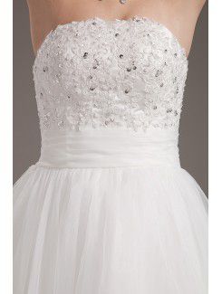 Satin and Tulle Strapless Tea-Length A-line Wedding Dress with Embroidered