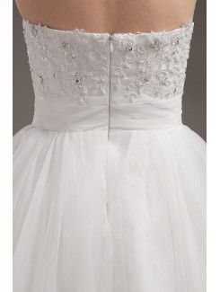 Satin and Tulle Strapless Tea-Length A-line Wedding Dress with Embroidered