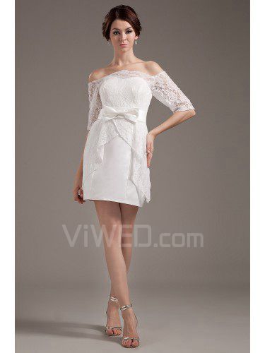 Satén y encaje fuera del hombro mini vestido de novia de la vaina con medias mangas