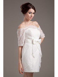 Satin and Lace Off-the-Shoulder Mini Sheath Wedding Dress with Half-Sleeves