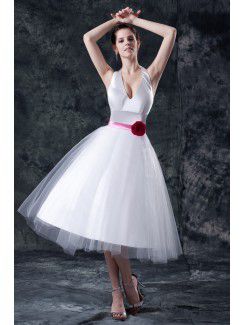 Taffeta and Tulle V-Neckline Tea-Length Ball Gown Wedding Dress with Flower