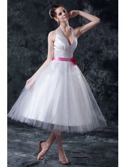 Taffeta and Tulle V-Neckline Tea-Length Ball Gown Wedding Dress with Flower