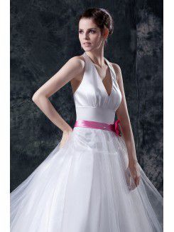 Taffeta and Tulle V-Neckline Tea-Length Ball Gown Wedding Dress with Flower