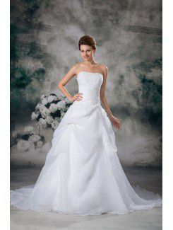 Organza Strapless Sweep Train A-line Embroidered Wedding Dress