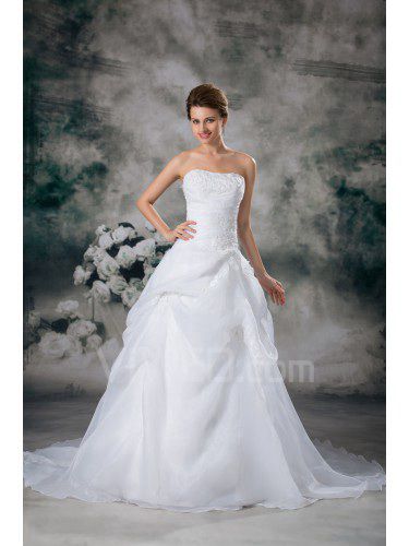 Organza senza spalline sweep treno a-line abito da sposa ricamato