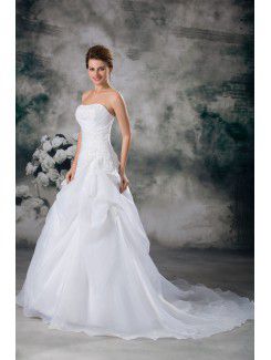 Organza Strapless Sweep Train A-line Embroidered Wedding Dress