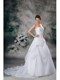 Organza Strapless Sweep Train A-line Embroidered Wedding Dress