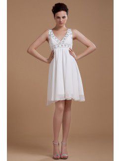 Scollatura a v al ginocchio abito da sposa colonna chiffon con paillettes