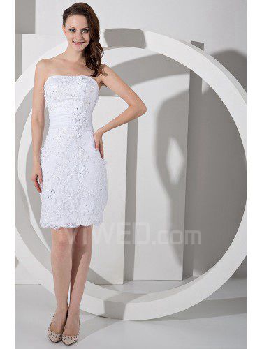 Pizzo abito corto da sposa guaina senza spalline con ricami