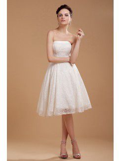 Satin and Lace Strapless Knee-Length A-line Wedding Dress with Embroidered