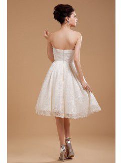 Satin and Lace Strapless Knee-Length A-line Wedding Dress with Embroidered