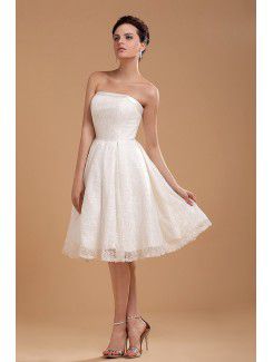 Satin and Lace Strapless Knee-Length A-line Wedding Dress with Embroidered