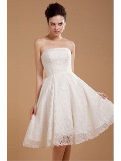 Satin and Lace Strapless Knee-Length A-line Wedding Dress with Embroidered