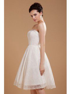 Satin and Lace Strapless Knee-Length A-line Wedding Dress with Embroidered