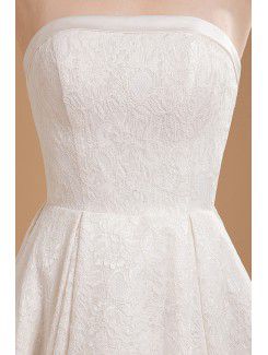 Satin and Lace Strapless Knee-Length A-line Wedding Dress with Embroidered