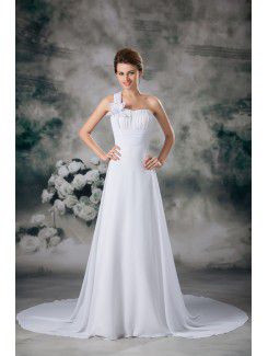 Chiffon One-Shoulder Sweep Train A-line Wedding Dress