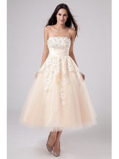 Satin and Tulle Strapless Tea-Length A-line Wedding Dress with Embroidered