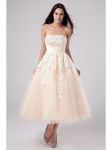 Satin and Tulle Strapless Tea-Length A-line Wedding Dress with Embroidered