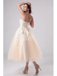 Satin and Tulle Strapless Tea-Length A-line Wedding Dress with Embroidered