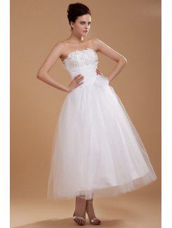 Tulle and Satin Strapless Tea-Length Ball Gown Wedding Dress with Embroideredd