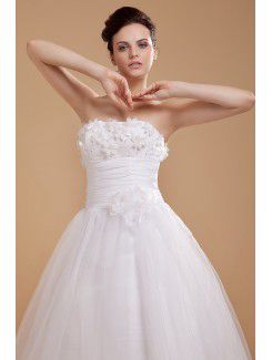 Tulle and Satin Strapless Tea-Length Ball Gown Wedding Dress with Embroideredd